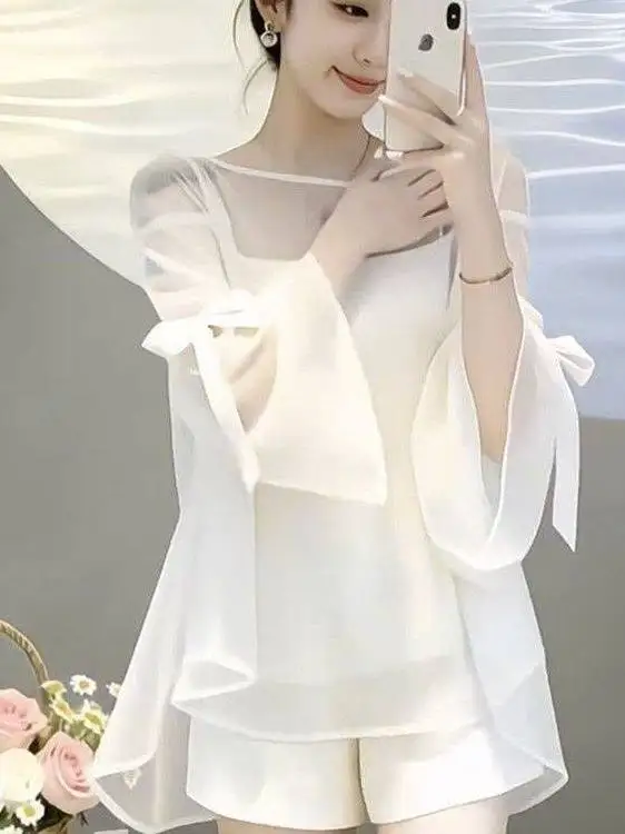 Summer New Style Commuter White Short Sleeve Women's T-shirt Sweet  Knot Slimming Casual Loose Fit Breathable Skin-F...