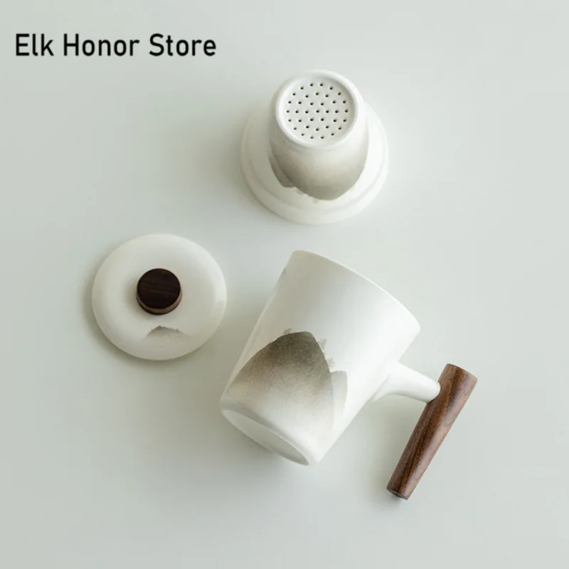 300ml Retro Wooden Handle Lid Filter Glass Tea Cup Tea Water Separation Scented Tea Cup Office Flower Tea Separation Tea Mug