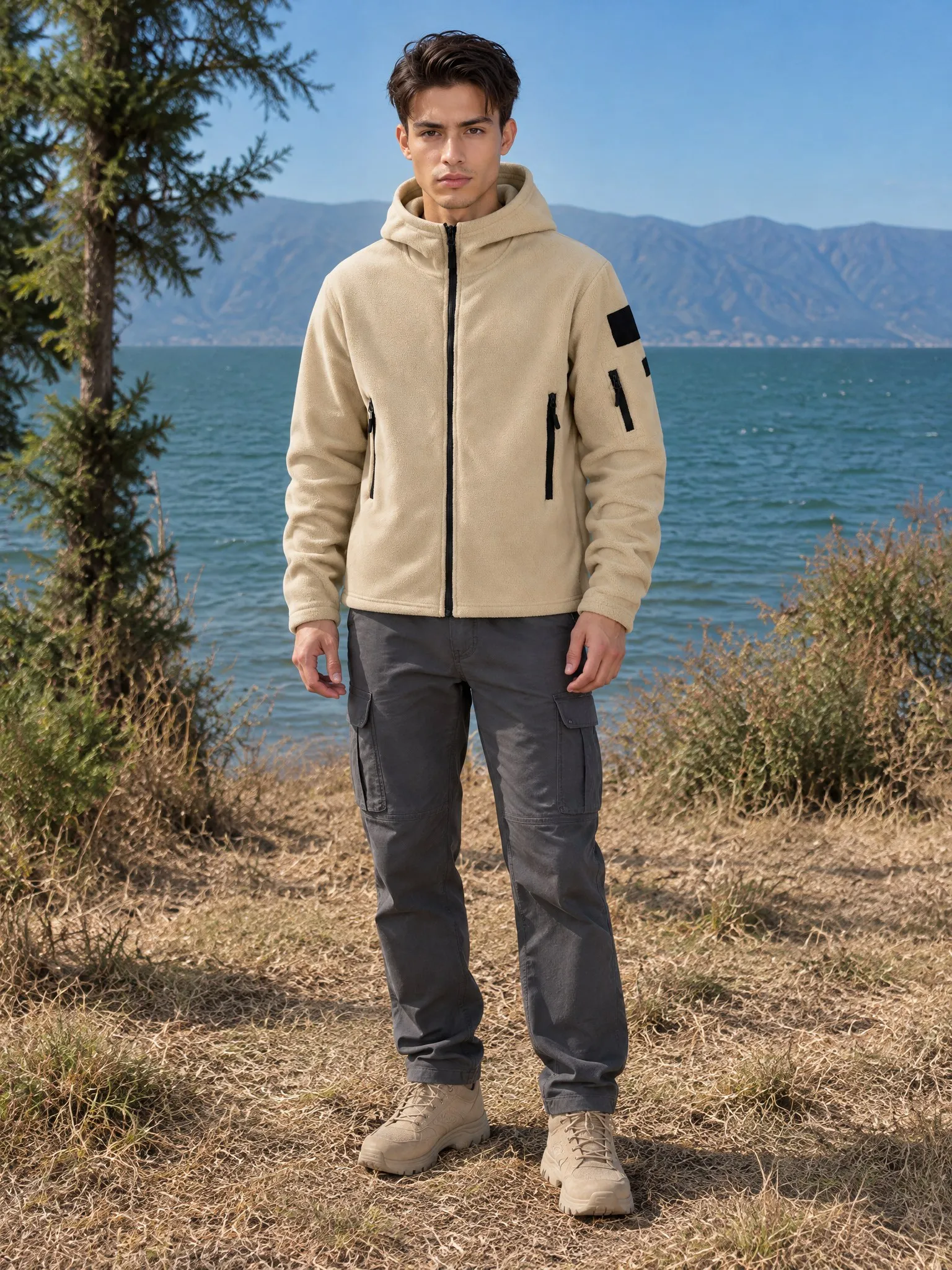 Men All Season Hooded Zip Jacket Functional Multi Pockets Hooded Outerwear For Camping Walking And Daily Outing