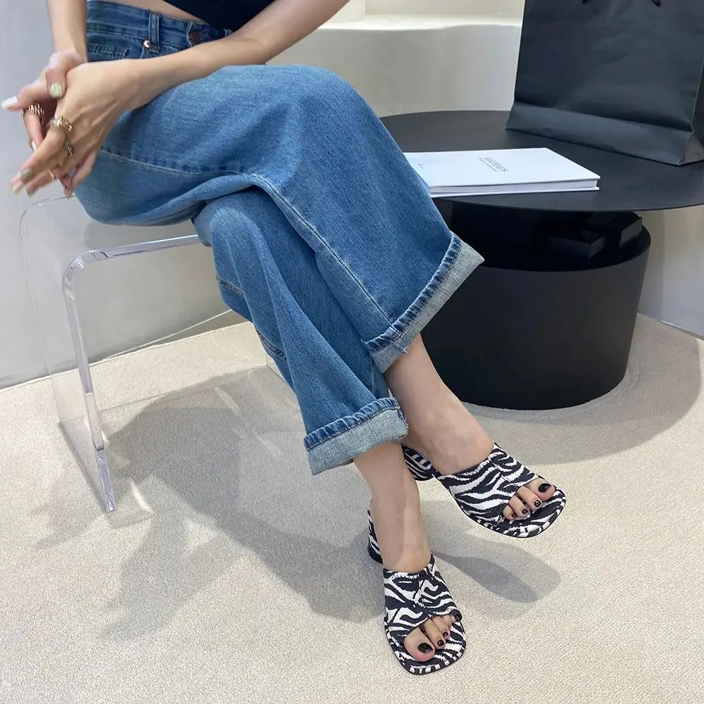 Fashion Women Sandals Slides Slippers Open Toe Summer Dress Shoes Woman Size 35-40 Blue Black White Zebra Color Round High Heels