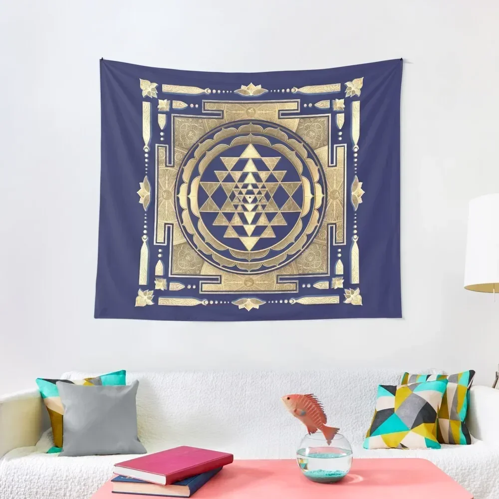 

GOLDEN SRI YANTRA (deep ocean background) Tapestry Bedroom Decor Decorative Wall Tapestry