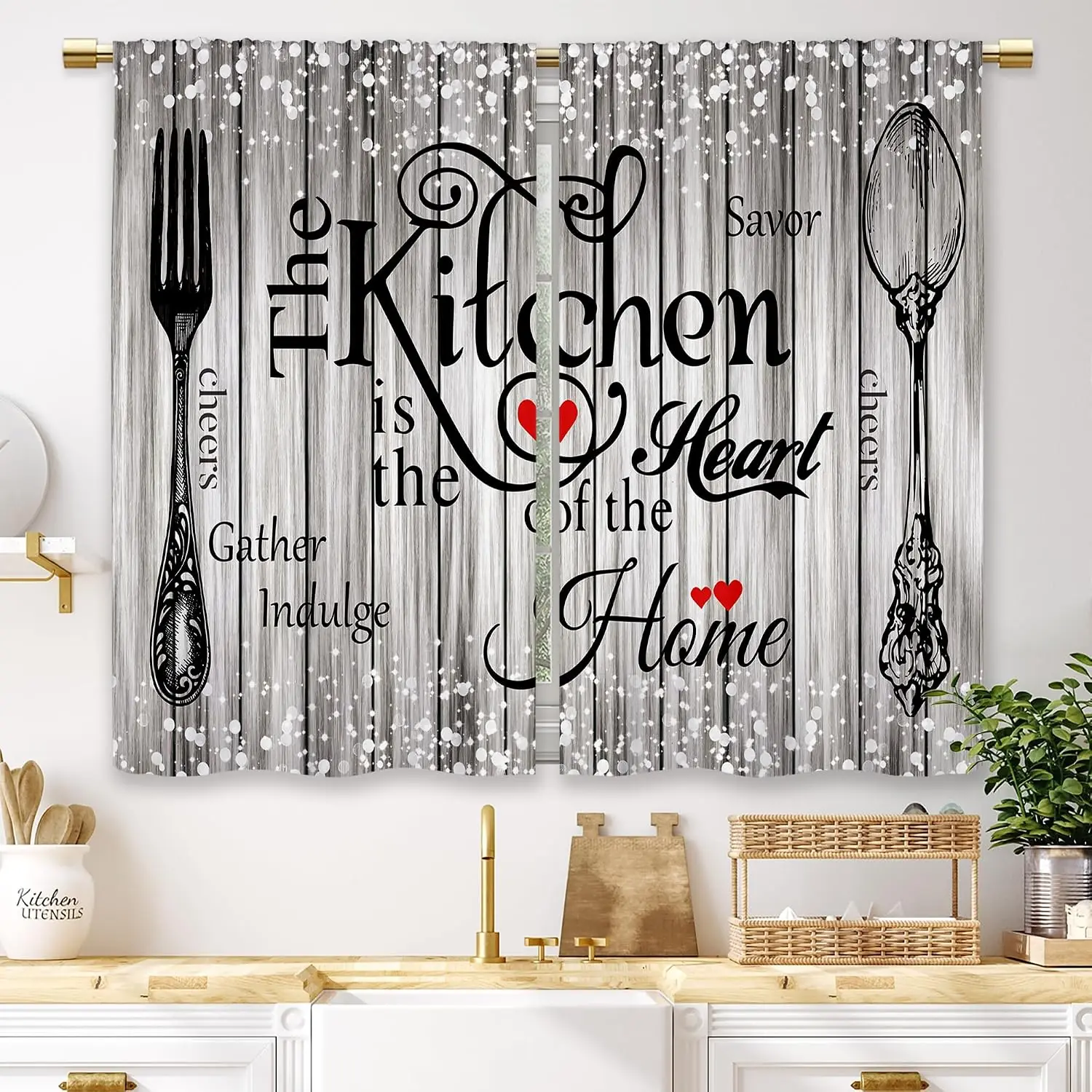 Farmhouse Kitchen Curtain Panels, Rustic Grey Wood Vintage Cutlery Quote Art Print Drapes for Cafe Kitchen Dining Window Decor