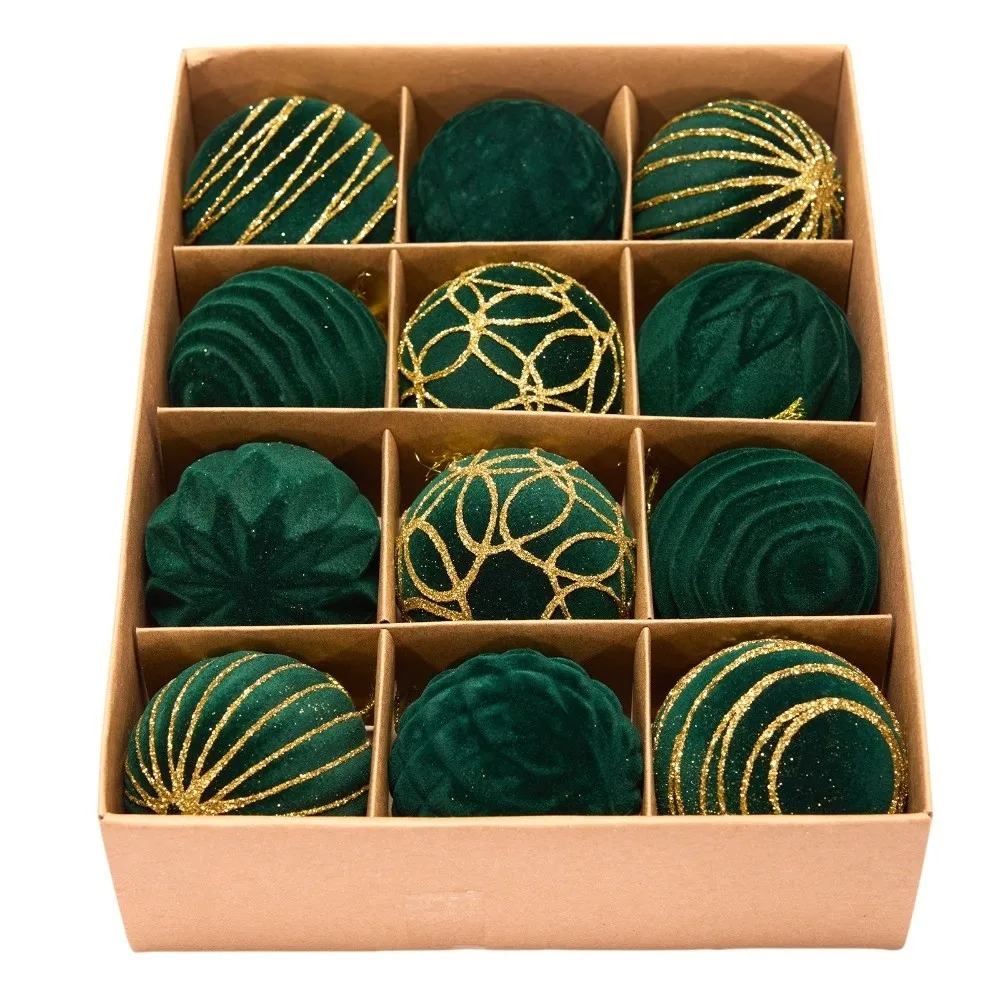12 Teile/schachtel Samt Weihnachten Hängende Kugeln 6CM Kunststoff Weihnachten Beflockte Ball Set DIY Handwerk Gemalt Weihnachten Baum Ornament