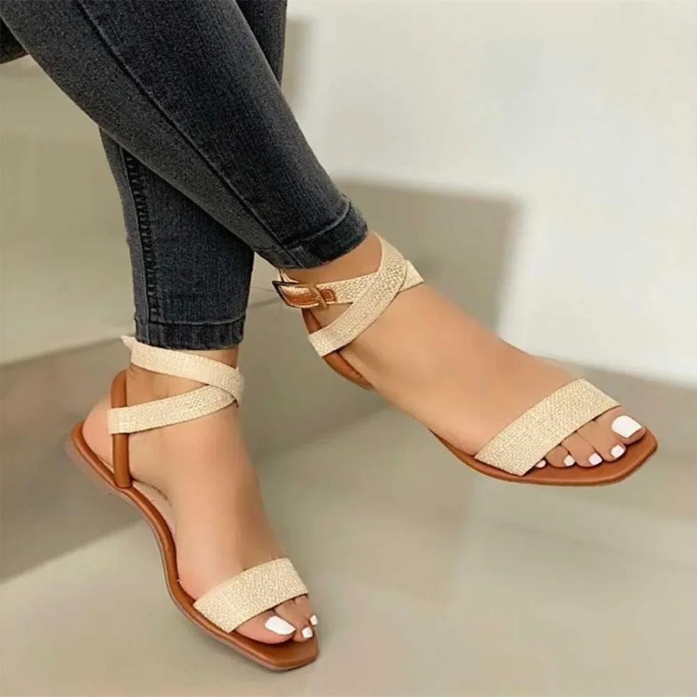 Summer New Fashion Ankle Wrap Outdoor Beach Comfortable Peep Toe Solid Color Sandals Women Shoes