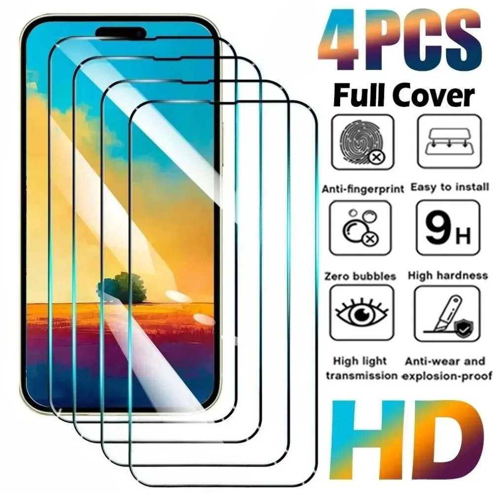 

4Pcs Full Cover Tempered Glass for iPhone 17 16 15 14 Pro Max 15 16 Plus Screen Protector for iPhone 13 12 11 Pro Max XR XS Max
