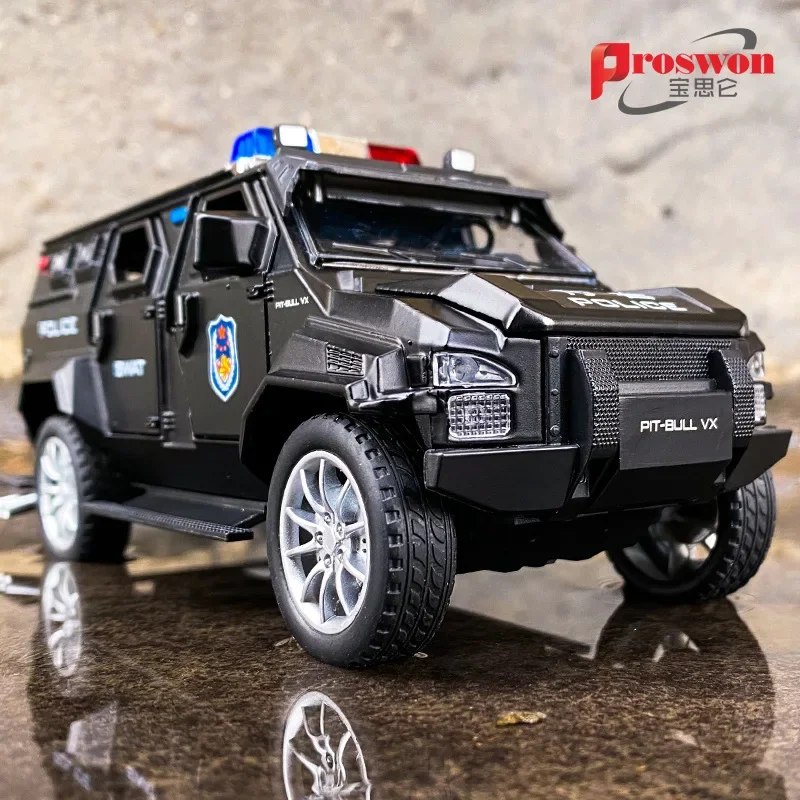 

1:24 American explosion proof vehicle PUT BULL VX Alloy car model Pull Back acousto-optic police car kids Gift Collection F439