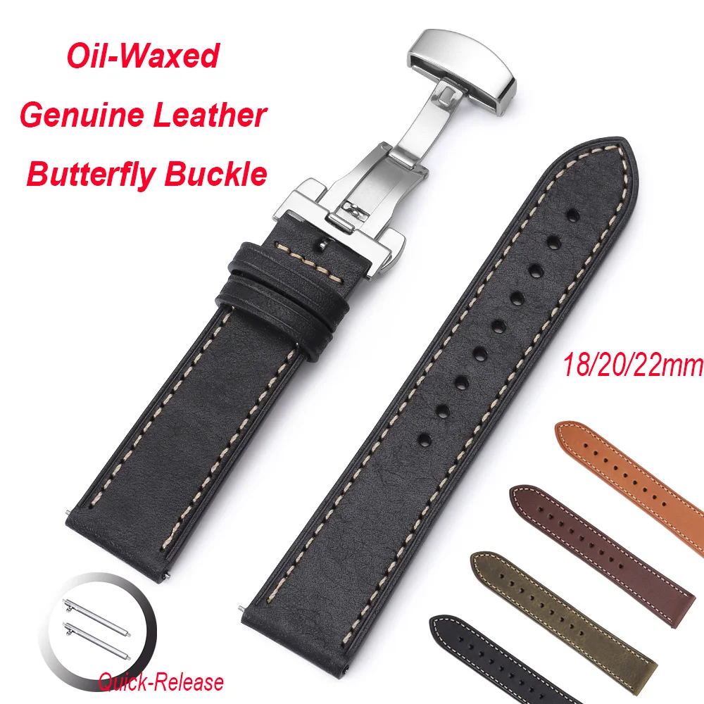 

Высококачественный ремешок для часов из натуральной кожи 18/20/22 мм, быстросъемный кожаный ремешок с пряжкой-бабочкой из масляного волка, ремешки для часов