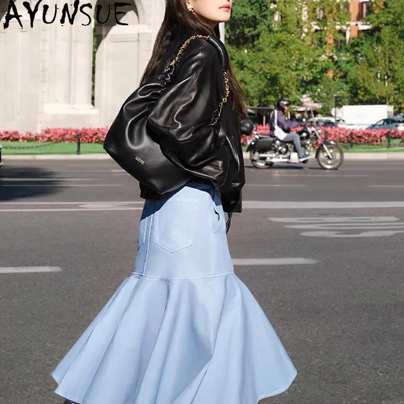 AYUNSUE ของแท้หนังแจ็คเก็ตผู้หญิงหนังแกะธรรมชาติสตรีรถจักรยานยนต์แจ็คเก็ตฤดูใบไม้ผลิฤดูใบไม้ร่วงเสื้อผ้าหลวม Fitха