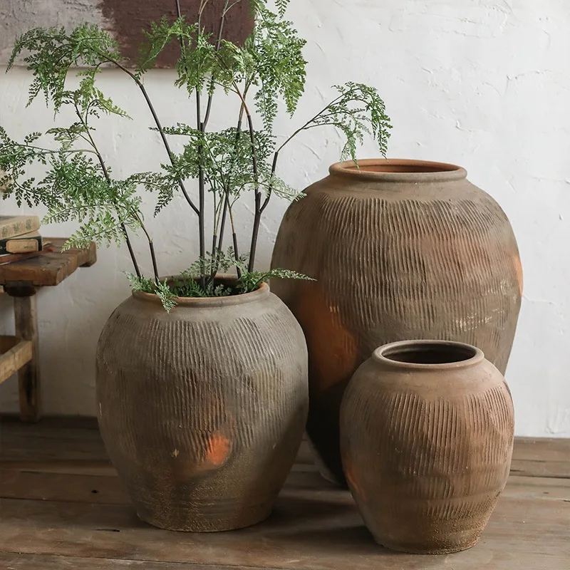 Big round belly pottery pot floor-to-ceiling extra-large vase, wabi-**** style living room retro decorative coarse potterypot w
