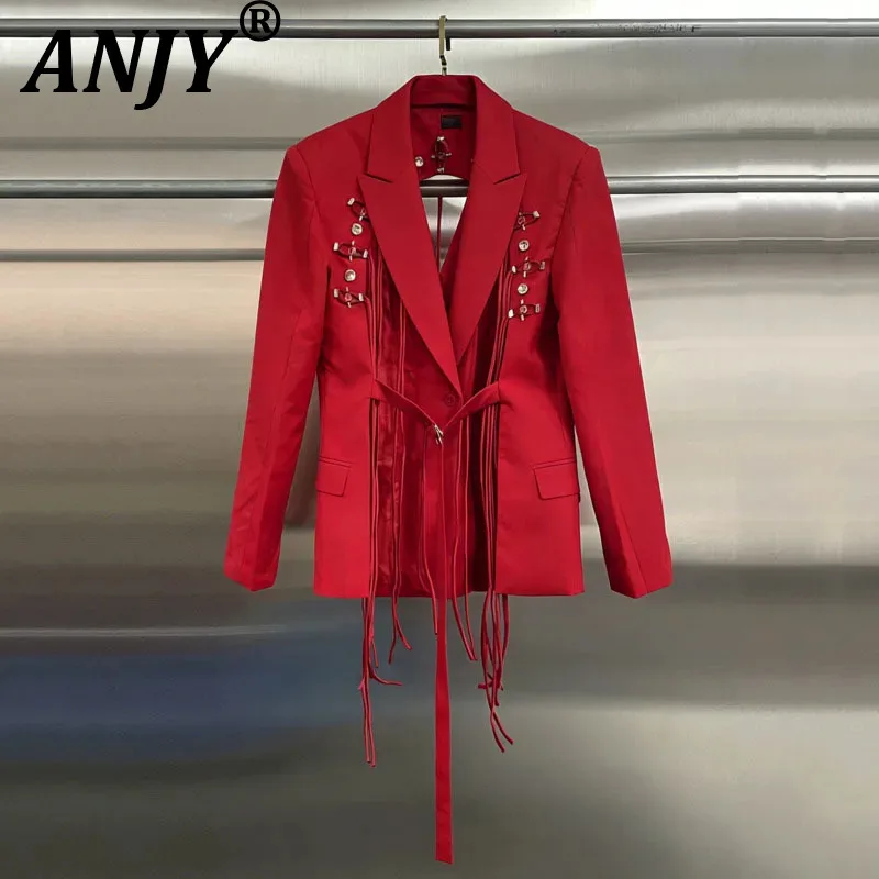 

ANJY 2026 Spring Autumn New Women European Fashion High-End Double-Breasted Casual Blazer Hollow Out Backless Ribbon Suit A19247