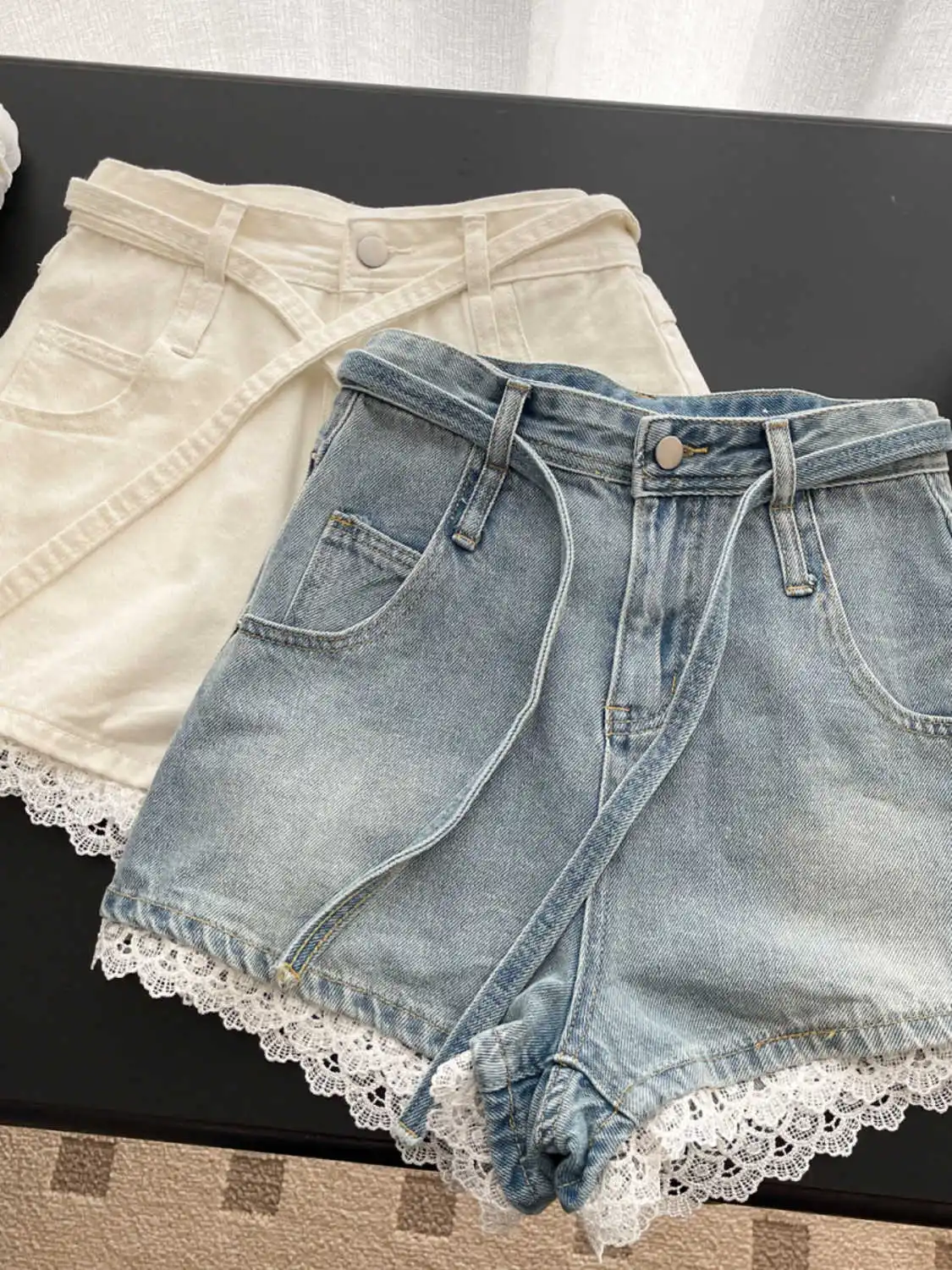 

Women Blue Lace Patchwork Denim Shorts High Waist Mini Hot Jeans Shorts 2000s Y2k 90s Vintage Cowboy Short Pants Clothes Summer
