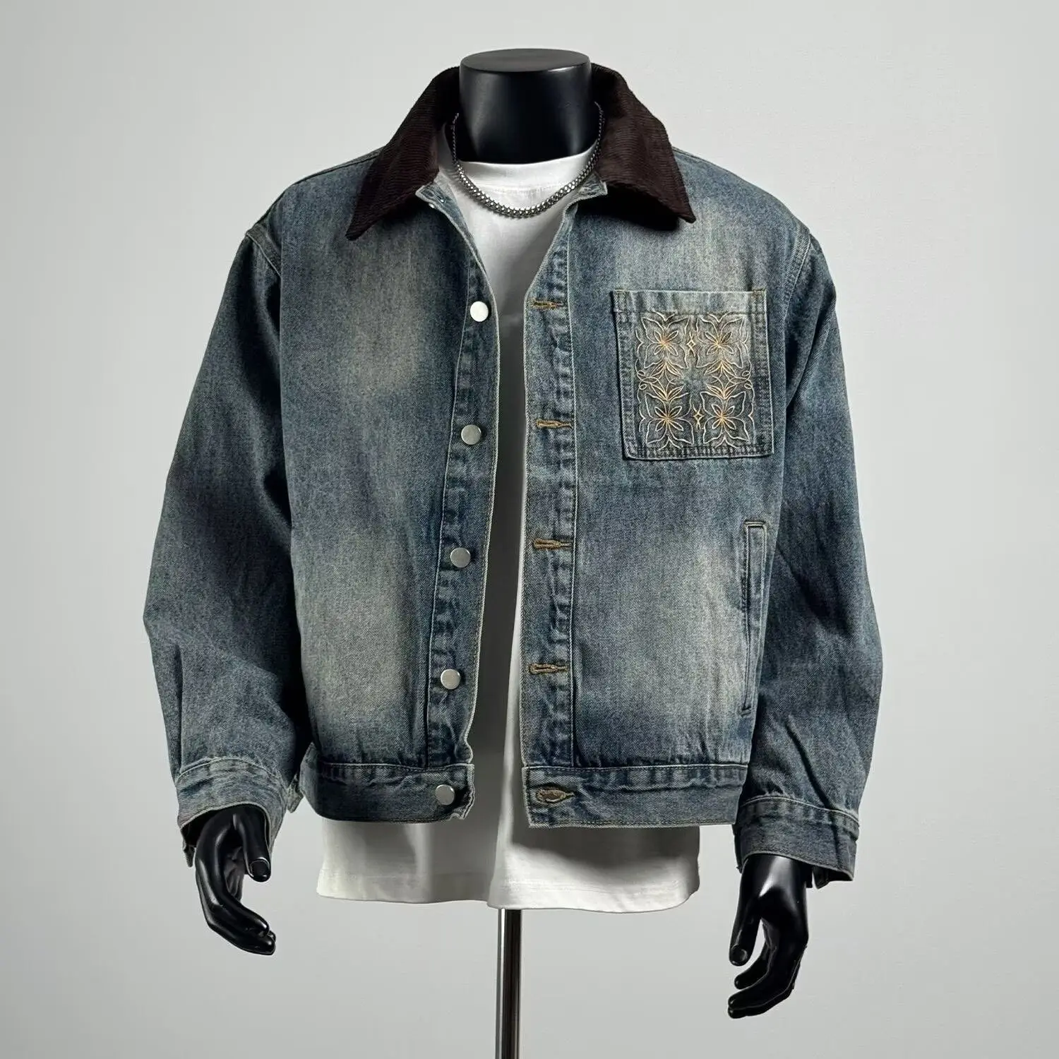 Men's Denim Jacket Embroidered Pocket Corduroy Patchwork Collar Washed Distressed Oversized Retro Spring Fall Workwear Coat