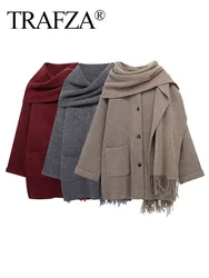 TRAFZA Elegant Woman Solid Scarf Collar Decorate Casual Loose Jacket Top Women Autumn Long Sleeve Single Breasted Knitted Coat