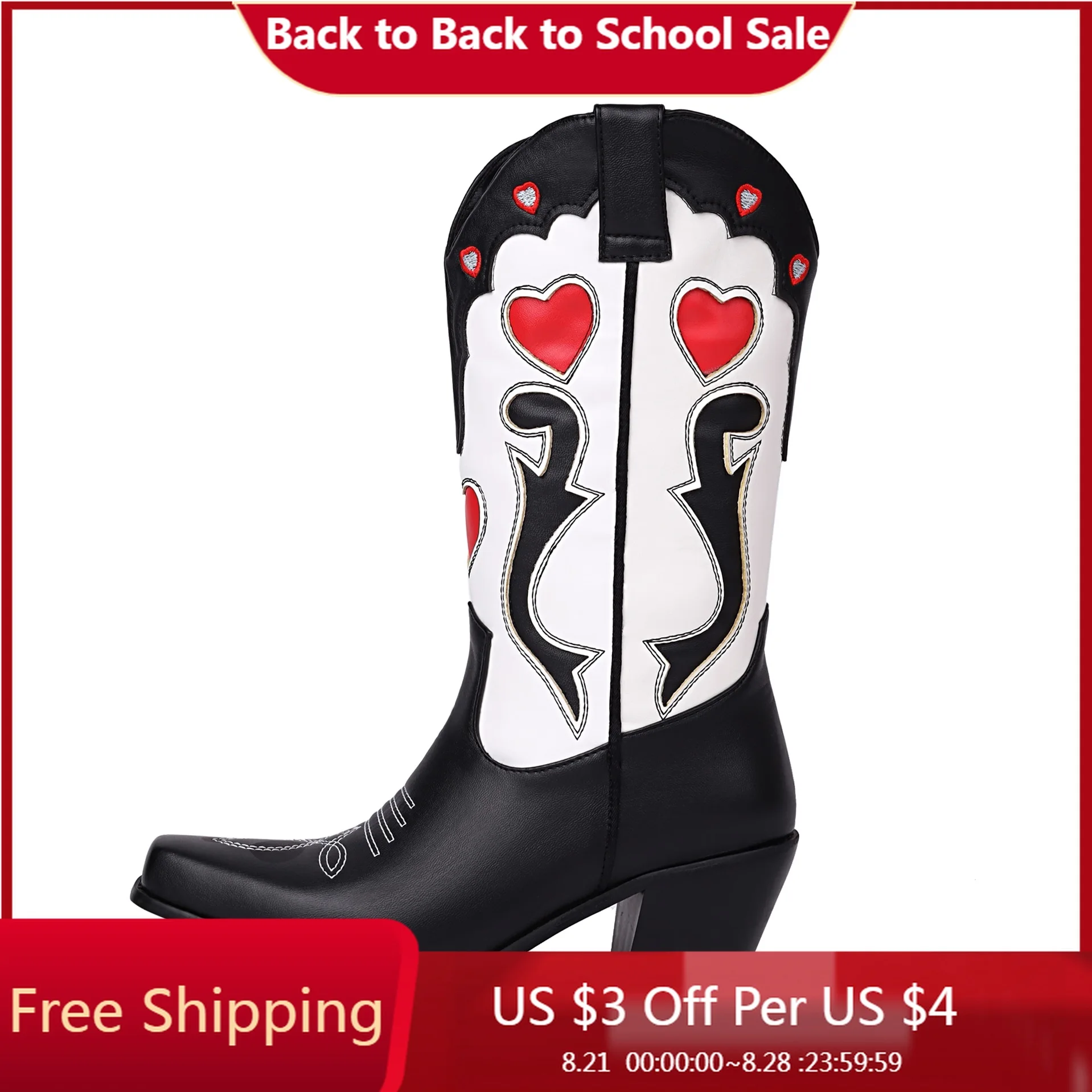 

Heart Shaped Embroidered Fashion Western Boots with Square Head Cone Shaped Thick Heels Sewing Women's Mid-Calf Boots