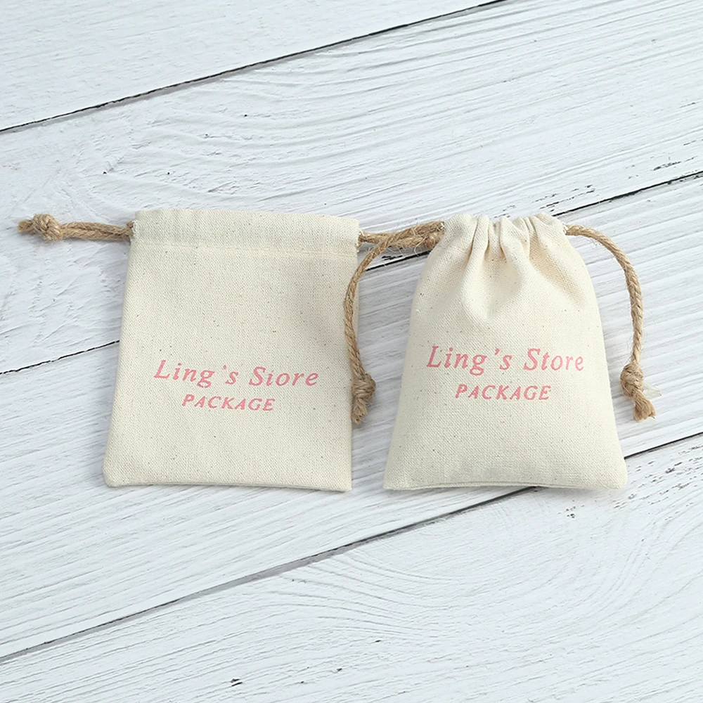 100 Beige Nature Cotton Canvas Bags for Earring Necklace Jewerly Gift Bag Personalized Logo Christmas Wedding Packaging Pouches