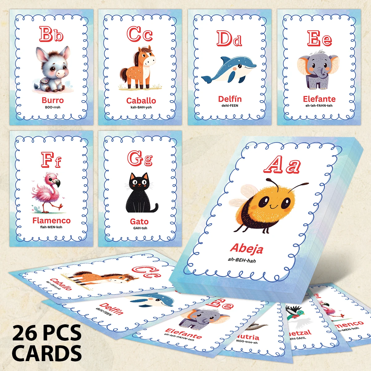 26 cartes d'apprentissage de l'alphabet espagnol, illustrations d'animaux et guides de prononciation, pour les enfants d'âge préscolaire, développement du langage à la maison