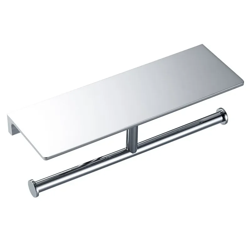 Hotel Bathroom Tissue Organizer, Wall Mounted Brass Roll Holder with Shelf, Polished Chrome Finish, Single Double Bar Options