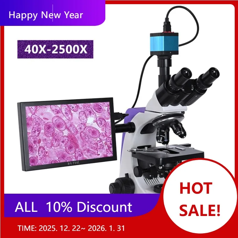 

【Hot Sale】Professional Lab Biological HD Trinocular Microscope Zoom 2500X + 2/16MP Electronic Digital USB + 10-inch LC