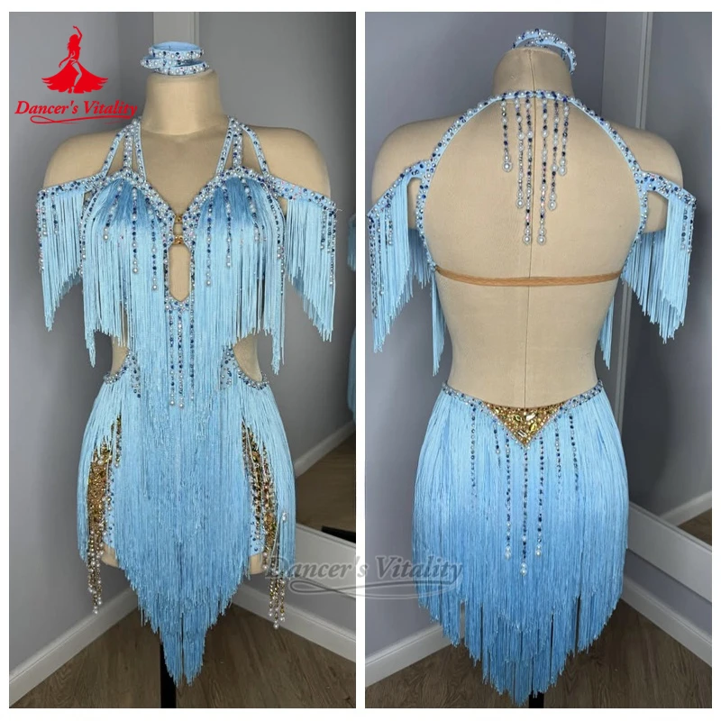 성인용 라틴 AB 스톤 백리스 태슬 드레스 럭셔리 맞춤형 댄서의 활력 차차 삼바 살사 공연&대회 의상