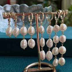 Golden Natural Freshwater Pearl Earrings for Women Dangling Big Baroque Pearl Long Tassel Drop Earrings Wedding Jewelry Korean