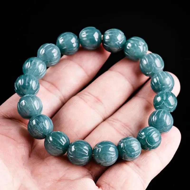 

Сертифицированный браслет из Мьянманского жадеита 12 мм для мужчин и женщин, ювелирные изделия, натуральный класс A, бирманский синий водный нефритовый браслет с бусинами лотоса, браслет