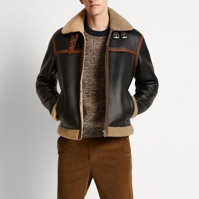 Leather and fur integrated B3 leather air force flight jacket British fashion sheepskin thickened warm winter jacket coat men