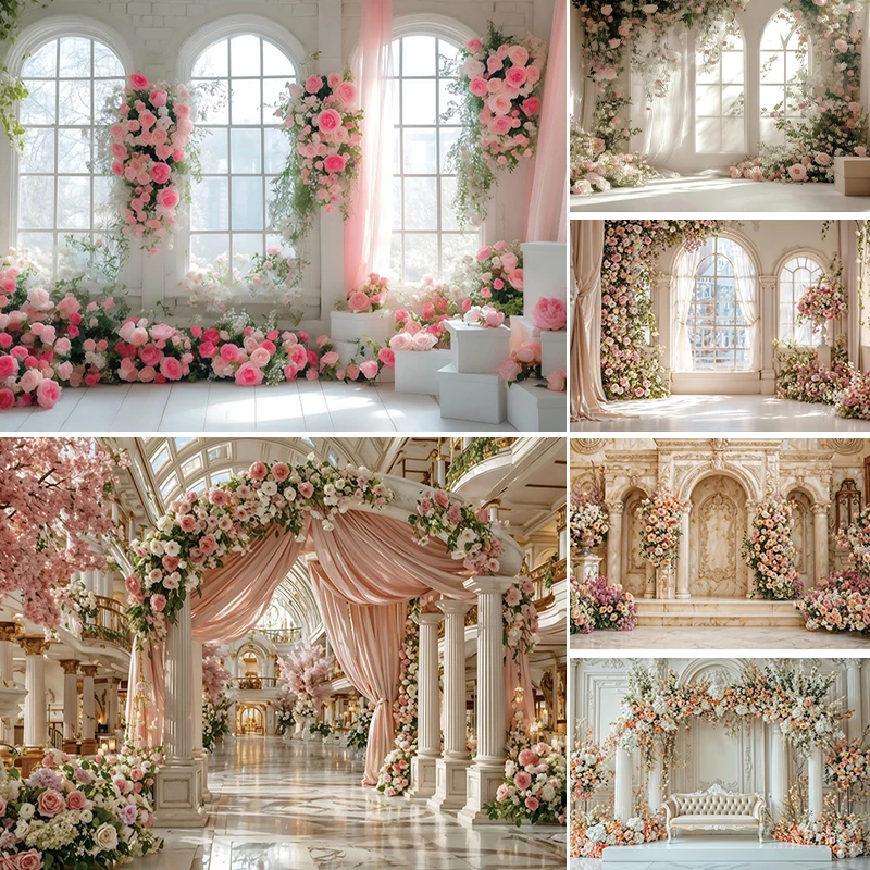 Toile de fond de mariage avec fenêtre de château européen, élégante, rose, florale, en arc, pour photographie, décoration de fête d'anniversaire