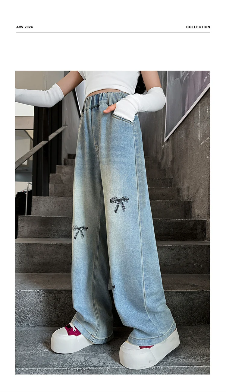 Neue Frühlings- und Herbst-Kinderjeans mit Schleifen für Mädchen, High-Street-Denimhosen mit geradem Schnitt für Teenager, lässige Kinderjeans, Hosen 5-14 Jahre – Detail 2