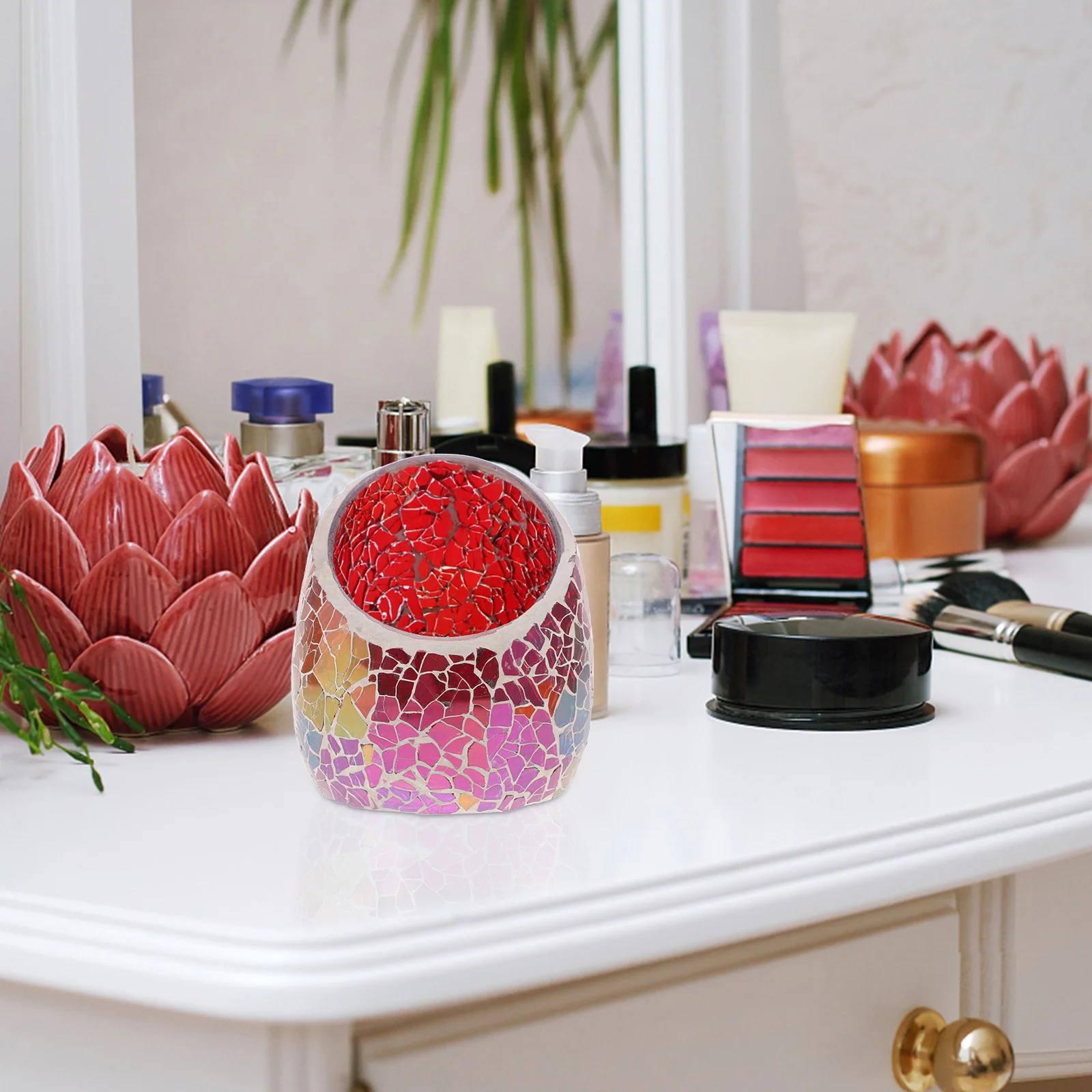 

Mouth Mosaic Glass Holder Pillar Tea Light Votive Stand Decorative for Home Office Hotel Restaurant Decor