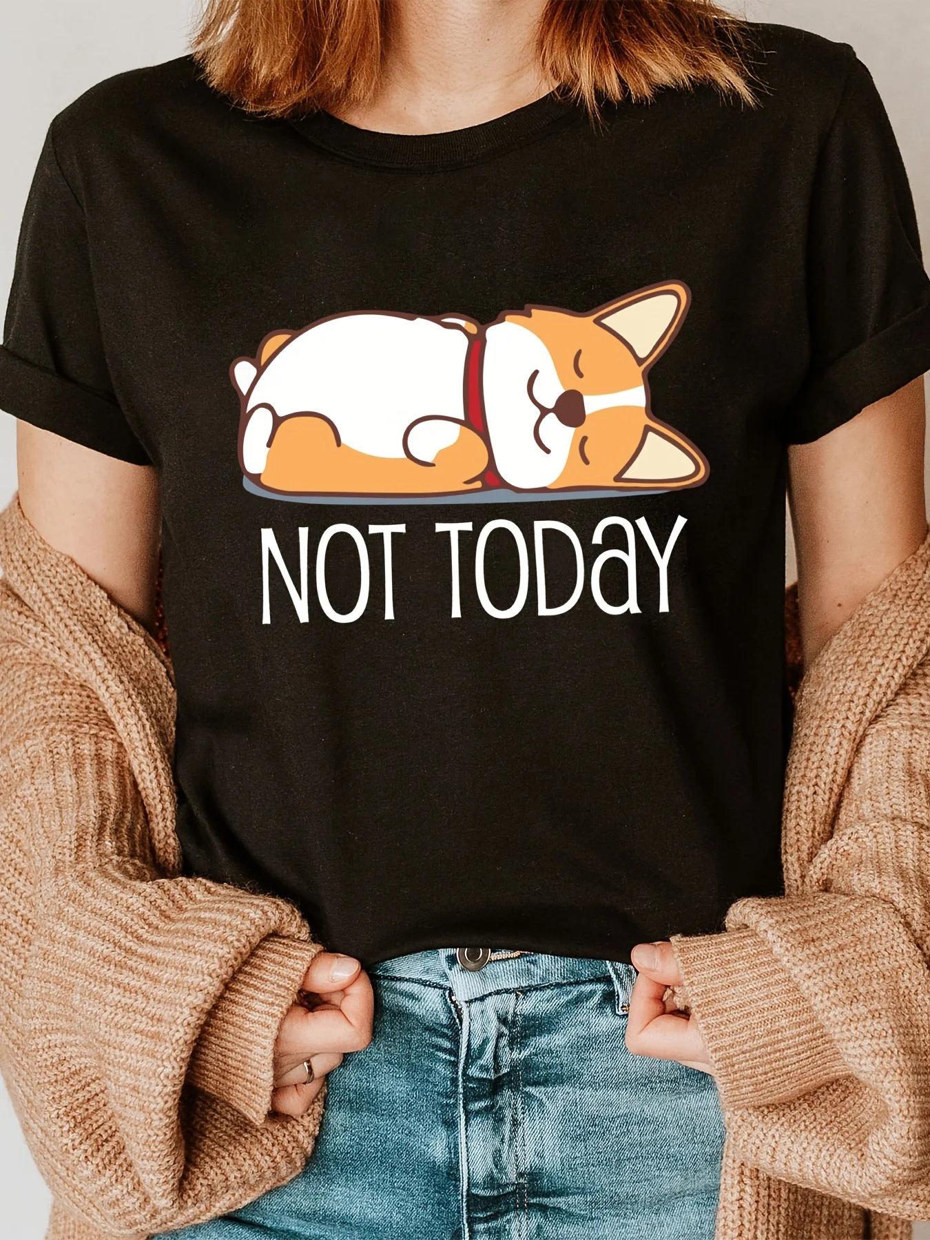 

Женская забавная футболка с рисунком Sleeping Corgi «NOT TODAY» — черная рубашка с белым текстом — мягкий повседневный топ с круглым вырезом на каждый день