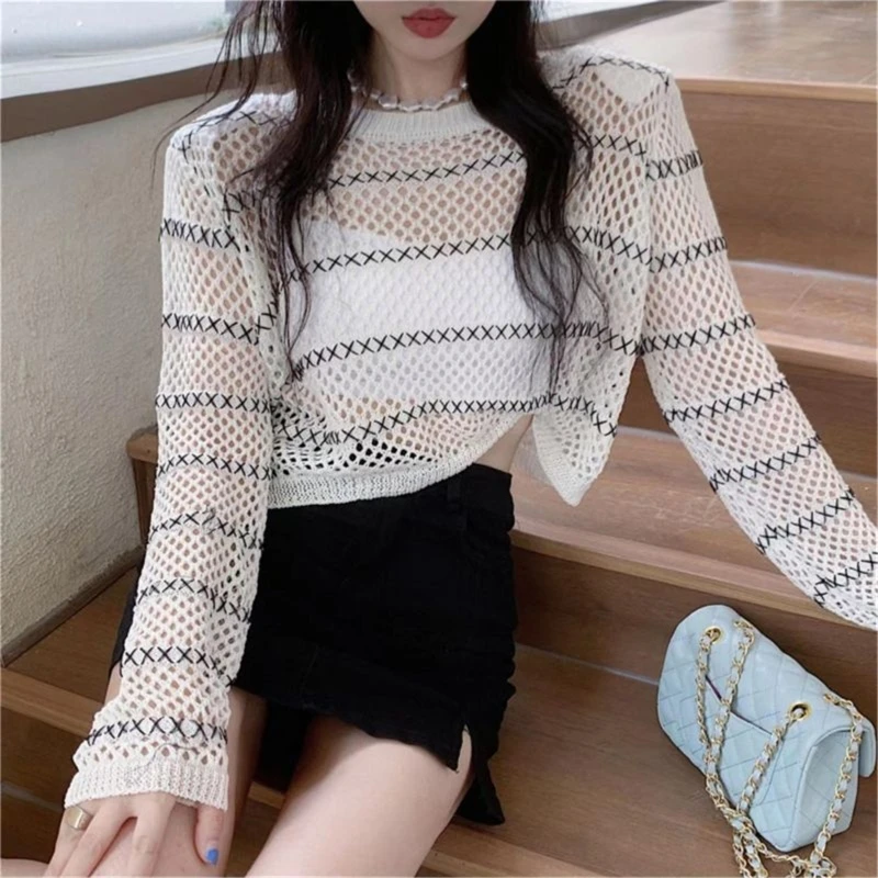 Mesh O-Neck for T Shirt Women Loose See Through Stripe Knit Fishnet Crop Top Cov N7YF