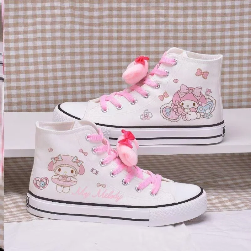 Kulomi Cinnamoroll Doll Cartoon White Shoes Graffiti Hand drawn Cute Fairy Board Shoes High Top Canvas Shoes for Girls