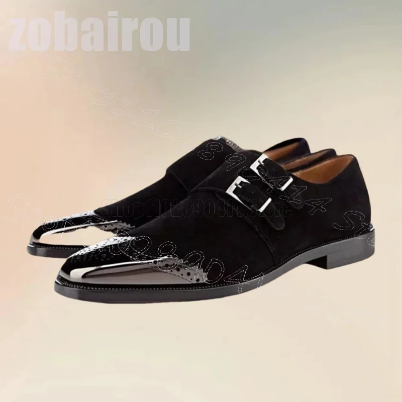 Metal Carving Design Black Suede Buckle Loafers Fashion Slip On Men Shoes Luxury Handmade Party Banquet Office Men Dress Shoes