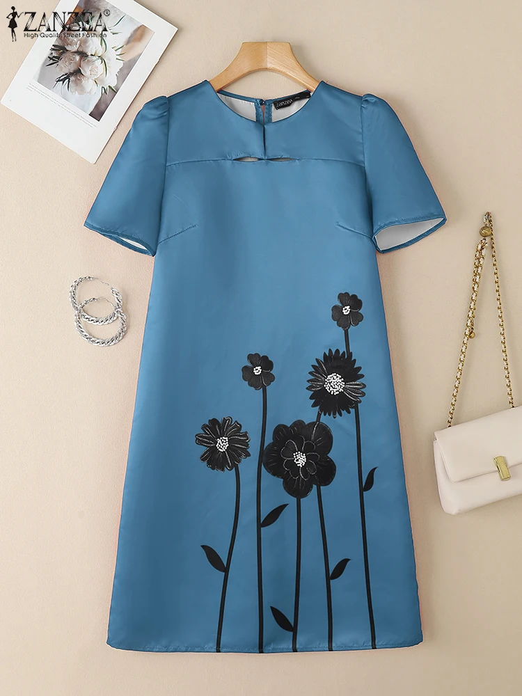 エレガントな女性用花柄プリントミディ丈ワンピース 2025 ZANZEA サマーオフィスワークサテンドレス スタイリッシュなパーティーサンドレス 半袖ワンピース