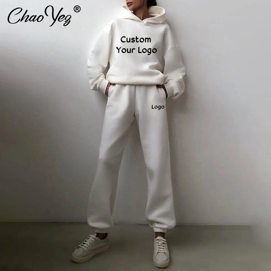 DIY Women Fleece Two Piece Sets Elegant Custom Logo Oversized Warm Hoodies And Long Pant Sports Suit Autumn Winter Tracksuit