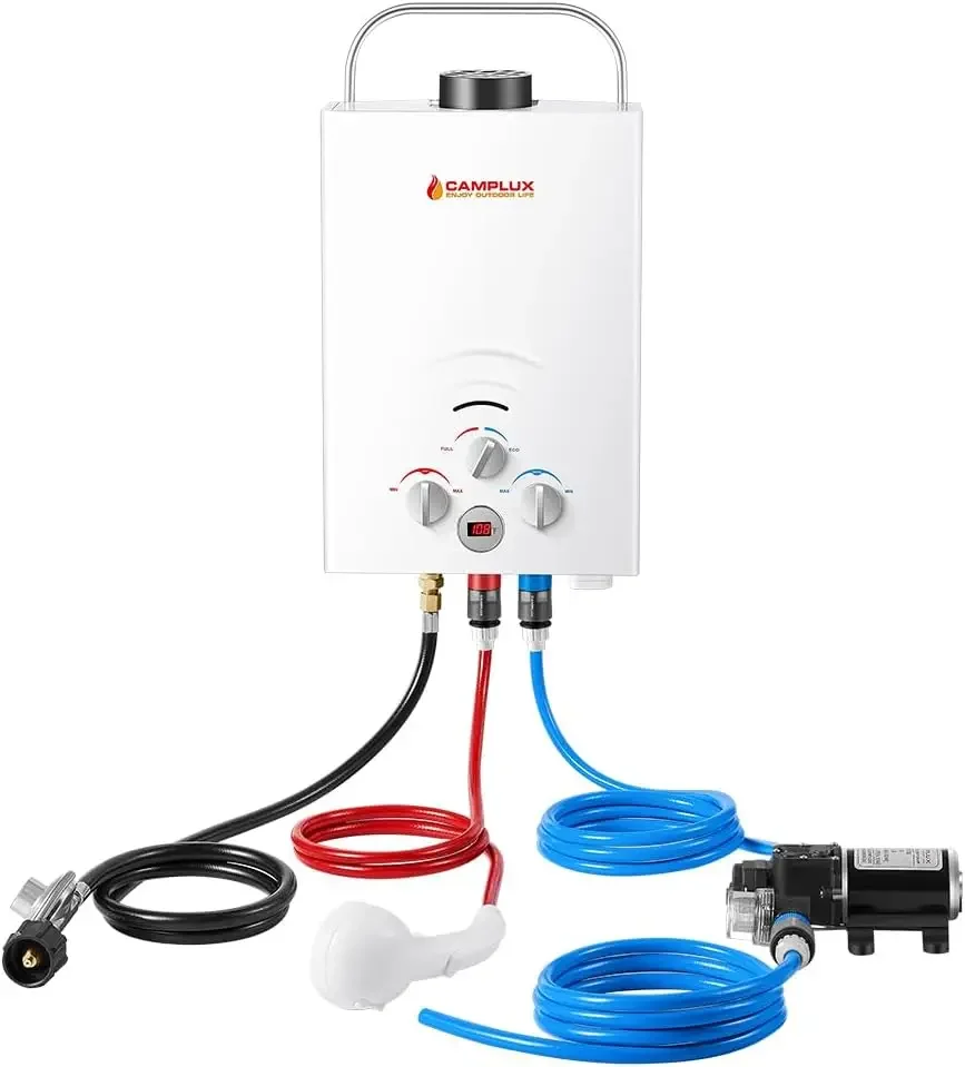 Aquecedor de água, aquecedor de água portátil de propano Camplux 1,58 GPM com kit de bomba, branco