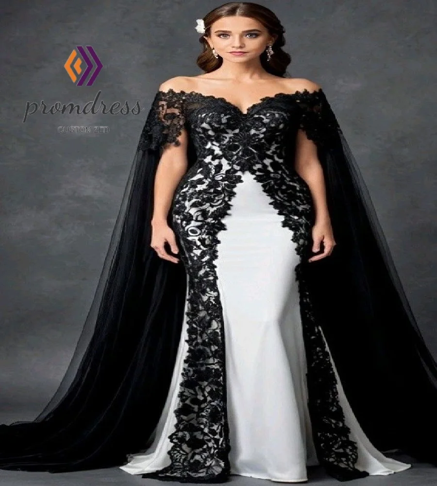 

Gorgeous Black And White Wedding Dress With Cape Off Shoulders Lace Dubai Gatsby Civil Bridal Dress 2025 Gothic Bride Customized