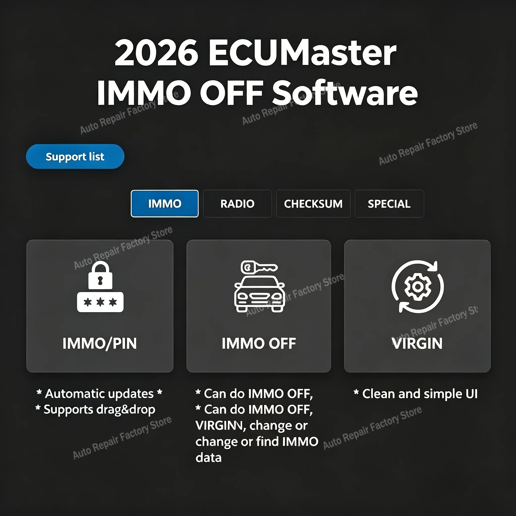 Software 2026 ECUMaster IMMO OFF para ECU Master: Reparación de PIN IMMO, Comprobación de Radio, VAG Virgen, Valeo PDC, Cambio de Datos IMMO