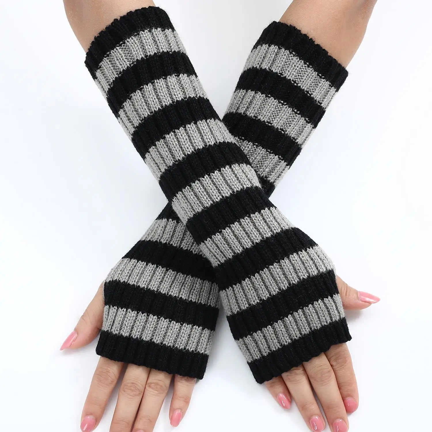 1Pair Fashion Striped Elbow Gloves For Women Girls Solid Color Arm Long Half Finger Arm Sleeves Warm Elastic Gloves Gifts