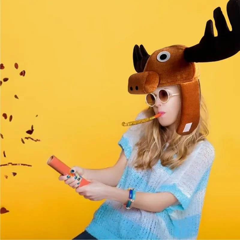 Brown Moose Cartoon Plush Protective Hat Funny Novelty Hat for Carnival Holiday Festive Party Events