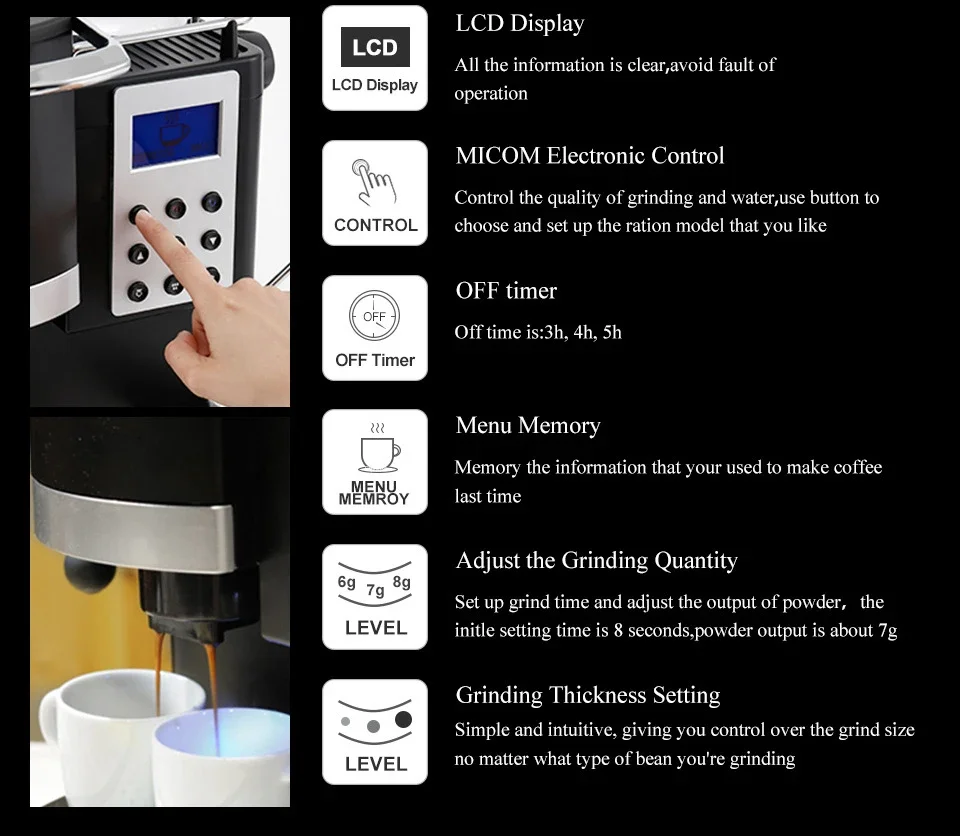 Professional Electric Coffee Machine 3 in 1 Espresso Maker With Auto Coffee Grinder for Home Office Coffee Shop Using