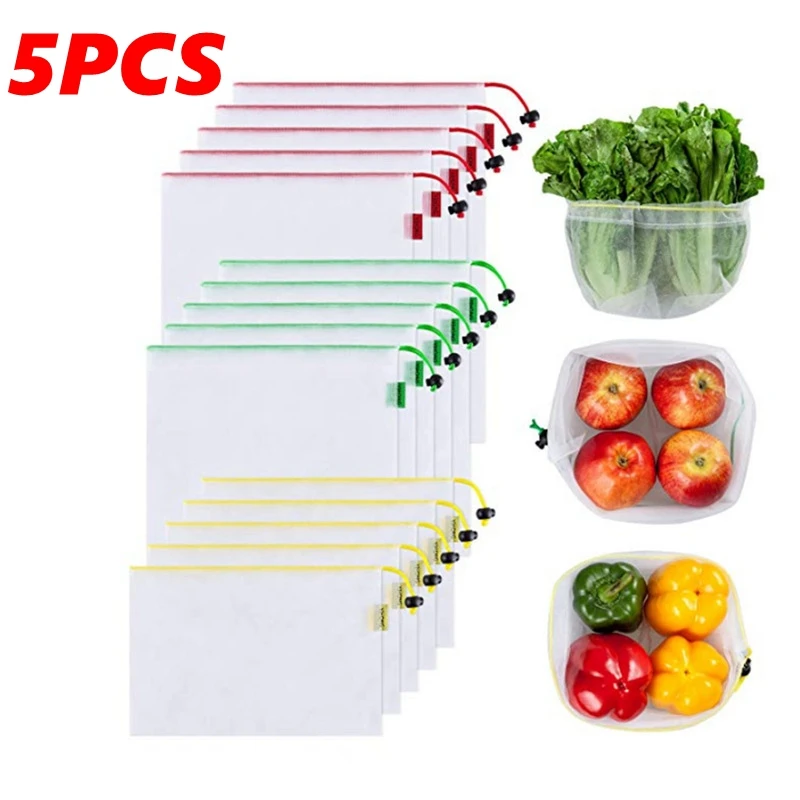 5PCS Reusable Bags for Vegetables Fruit Net Bag Produce Washable Mesh Bag Food Storage String Bag Eco Friendly Kitchen Organizer