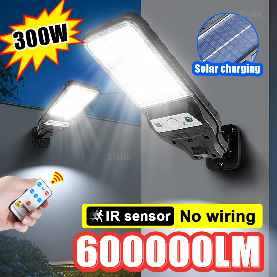 

Солнечный светильник 5000 Вт/300 Вт, 600000 лм, с датчиком движения, пультом ДУ, для улицы, стен, двора, на солнечной батарее