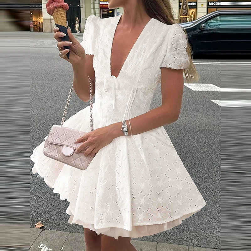 

Summer New Short Sleeve V Neck Party Dress Elegant High Waist Simple Hollow Evening Dress Trendy Casual Fit Mini Dress For Women