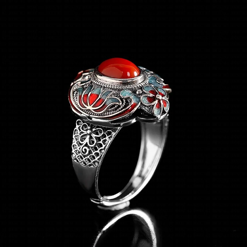 S925 Sterling Silver Charms Rings for Women Men Retro Cloisonne Emboss Flowers Inlaid Red Agate New Fashion Punk Jewelry