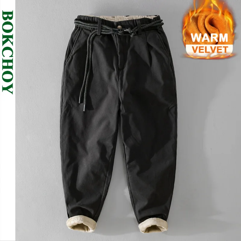 Winter New Cargo Velvet Pants for Men Clothing Cotton Thicked Keep Warm Simple Daily Trousers F7628