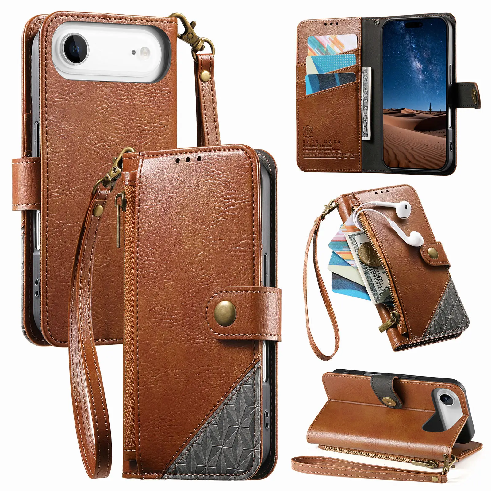 Funda de Cuero con Tarjetero Magnético de Lujo y Bloqueo de Color para iPhone 17 Pro Max 16 Plus 15 14 17 Air, con Correa y Tapa Abatible