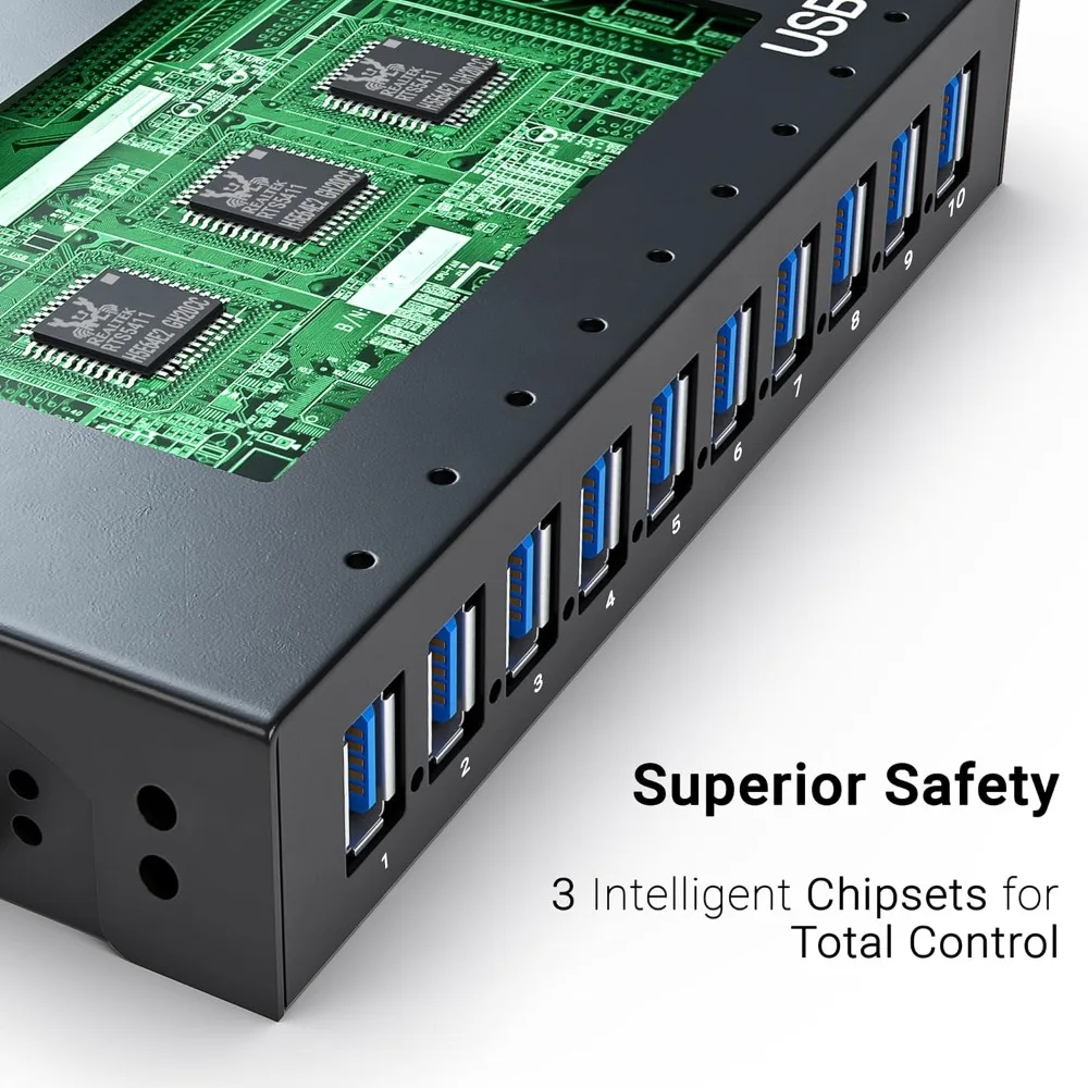 

10 Ports USB Hub 3.0 Powered Aluminium - USB Hub Charger - Multiple Port - USB Splitter Hub with Power Adapter 12V/5A/60W