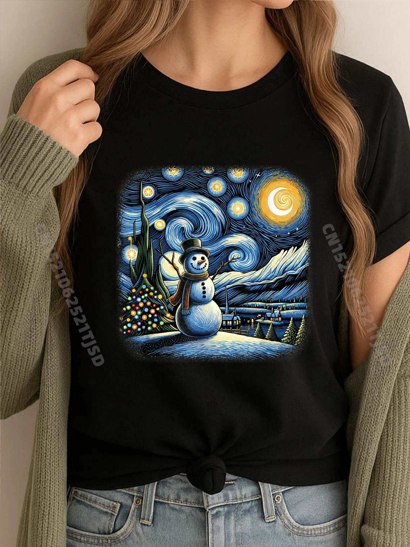 

Ван Гог Звездная ночь Рождественский снеговик Зимняя снежная ночь забавные футболки Новый год 2025