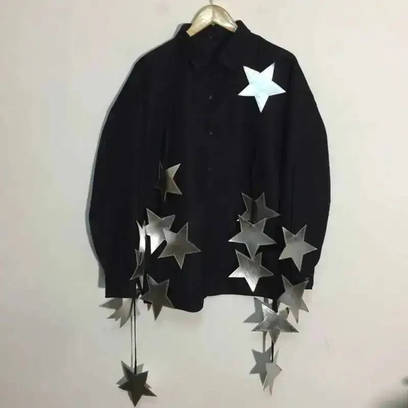 2026 Spring New Fashion Pentagram Decoration Men Shirts Long Sleeve Single Breasted Loose Men's Blouse Clothing ZDE3